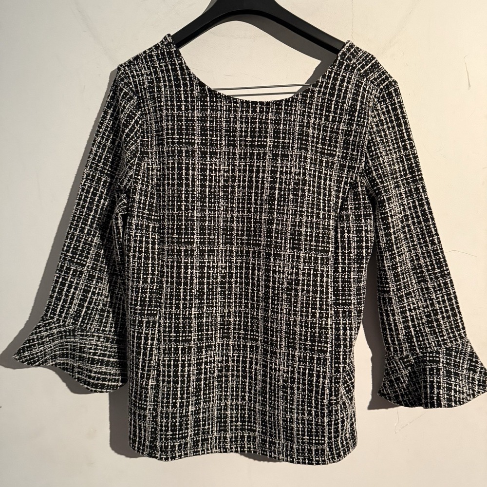 Talbots Tweed Bell Sleeve Fitted Top Black & White Medium Petite Career Work NWT